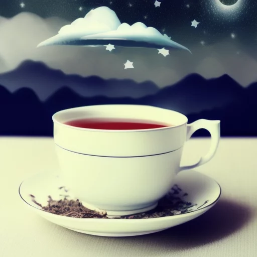 894258437-A cup of tea, the tea air is floating upwards, the starry sky universe.webp